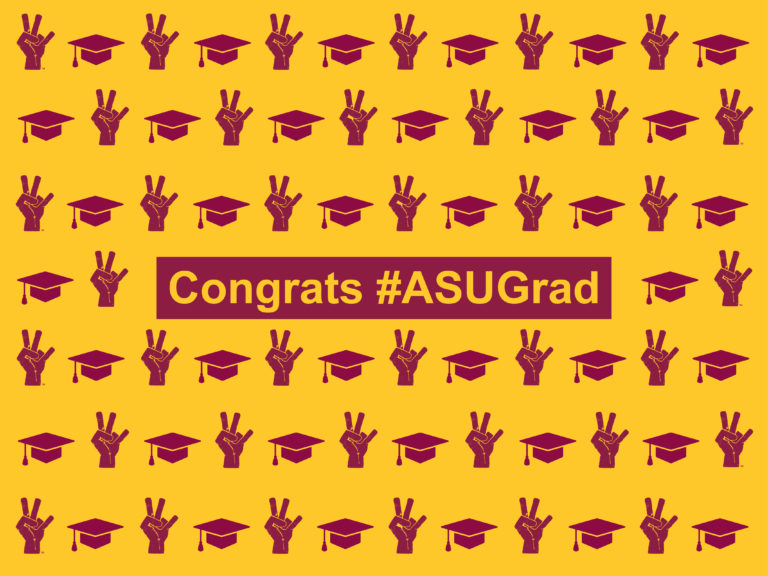 Celebratory image with caps and pitchforks in honor of ASU graduates